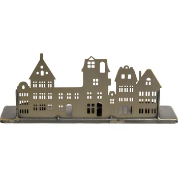 Svícen Chic Antique Mosazný antik kovový svícen na čajovky s domky Canie - 30*8*12 cm