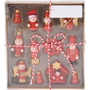 Vánoční dekorace Home Styling Collection Sada dřevěných vánočních ozdob, 12 ks, červená barva