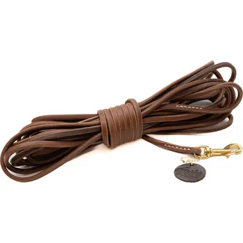 Vodítko pro psa Morko Kožená stopovačka 10 m – hnědá kůže 7 mm, karabina mosaz zakončení: s poutkem