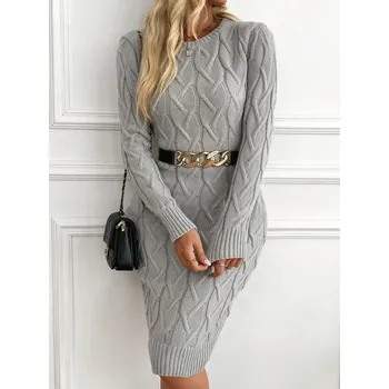 Dámské šaty Dámské šedé pletené šaty s copánky Barva: Šedá, Velikostní tabulka: M