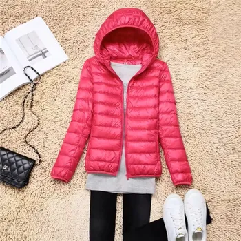 Dámská jarní/podzimní prošívaná bunda s kapucí plněná kachním peřím (15 barev/ vel. až 7XL) Barva: růžovo červená, Velikost: 5XL