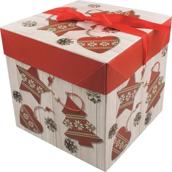 Dárková krabička skládací s mašlí - velikost L - červená s ozdobami