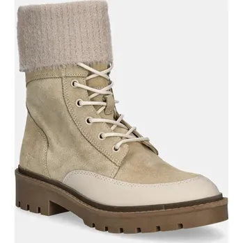 Dámské kozačky Nízké kozačky Calvin Klein Jeans COMBAT MID LACE UP BOOT WL dámské, béžová barva, na plochém podpatku, YW0YW01599 12X, EUR 36