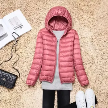 Dámská casual bunda Dámská jarní/podzimní prošívaná bunda s kapucí plněná kachním peřím (15 barev/ vel. až 7XL) Barva: růžová (Leather pink), Velikost: M