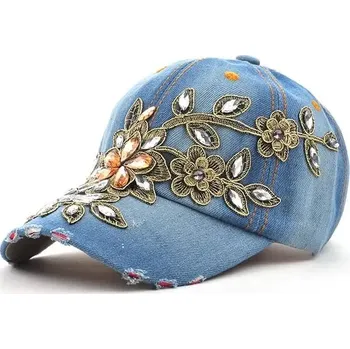 Kšiltovka Dámská džínová kšiltovka s diamantovou výšivkou | Kšiltová čepice - modrý