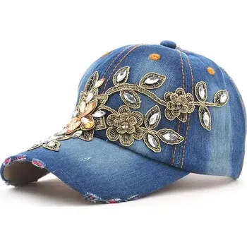 Kšiltovka Dámská džínová kšiltovka s diamantovou výšivkou | Kšiltová čepice - Tmavě modrá