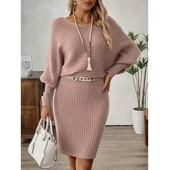 Dámské šaty Dámské svetrové šaty s páskem Barva: Růžová, Velikostní tabulka: L