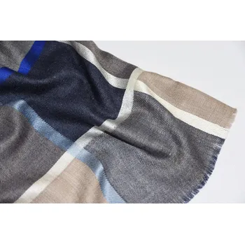 Šála Vlněná vzorovaná šála - kombinace tmavomodrých, šedých a světle hnědých kostek 2