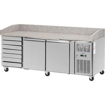 Vinotéka Chladicí stůl na kolečkách - 390 l - 2 přihrádky - 7 zásuvek - 202 x 80 cm - třída B - ušlechtilá ocel - Royal Catering RCPRT-2D7DR390