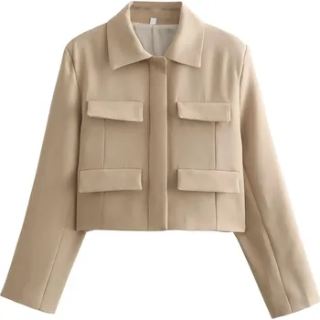 Dámské sako Dámské crop casual sako Barva: Khaki, Velikost: M