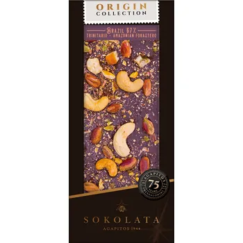 Čokoláda BRAZIL 67% hořká čokoláda s kešu, pistáciemi, pomerančem a skořicí 100g SOKOLATA AGAPITOS