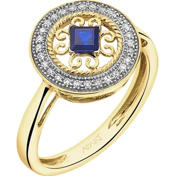 Prsten Prsten ze žlutého zlata s diamanty a safírem - rozeta - ryzost 585 - 160.497