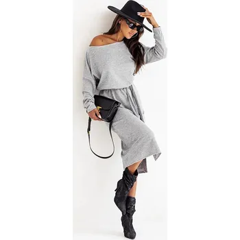 Dámské šaty Moon Dámské Midi Šaty s Páskem - Šedé Odstíny, odstíny šedé XL (42) i392_24469-3