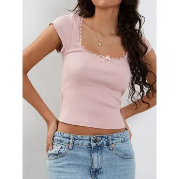 Dámská halenka Tričko s hranatým výstřihem a mašlí Barva: Růžová, Velikost: M