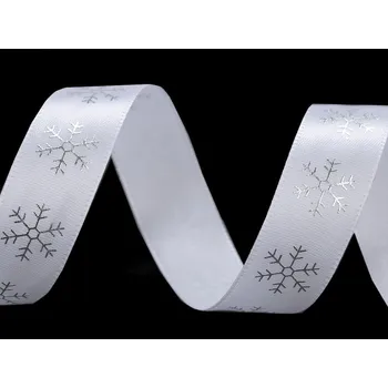 Stuha Stuha saténová bílá se stříbrnými vločkami - 20mm/150 cm