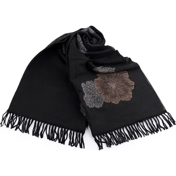 Šála Šátek / šála typu kašmír s třásněmi, květy 70x190 cm, barva 6 černá