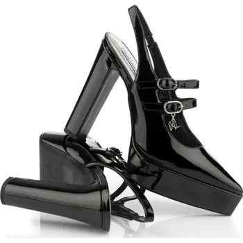 Dámské lodičky BOTY NA VYŠŠÍ PLATFORMĚ KARL LAGERFELD SOIREE PLATFORM DOUBLE STRAP SLING BLACK PATENT LTHR