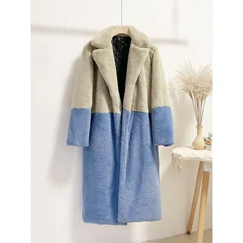 Dámský kabát Dlouhý dvoubarevný kabát z kožešiny zimní - 4XL Barva: Barevná, Velikost: 4XL