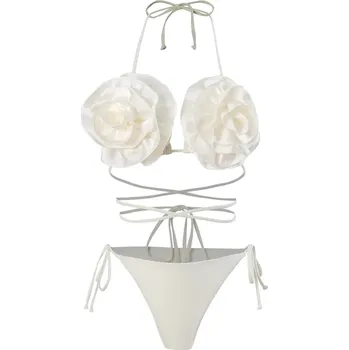 Dámské plavky Sexy dvoudílné plavky s vázání, 3D růže místo košíčků Barva: Krémová, Velikost: M