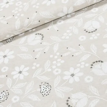 Směsové plátno ADA BÉŽOVÁ, bílé květiny, š.140cm (látka v metráži)