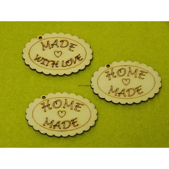 Dřevěná hračka Dřevěný výřez z překližky, C108, cedulka s dírkou-VYROBENO S LÁSKOU, 4,5x2,8cm, 1ks