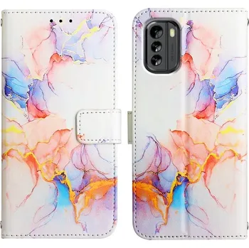 Náhradní kryt pro mobilní telefon VSECHNONAMOBIL 52744 ART Peněženkový kryt Nokia G60 WHITE ORANGE MARBLE