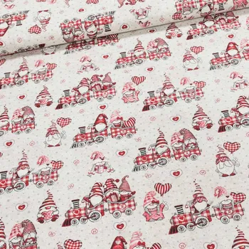 Směsové plátno vánoční EXPRES BÉŽOVÝ, červení skřítci ve vláčku, š.140cm (látka v metráži)