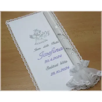 Svíčka Křestní sada 3D- vyšívaná rouška 18x35 cm, svíce s ozdobou - vzor 32 andílek