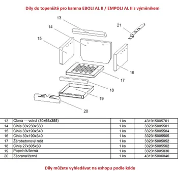 Krbová kamna Náhradní díl pro HAAS+SOHN - BORAS s výměníkem, EMPOLI AL II, EBOLI AL II, šamotová CIHLA pravá 30x190x340