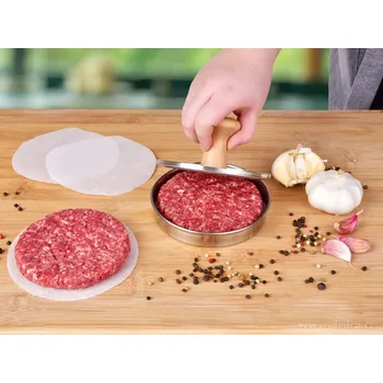 Příslušenství pro gril HAMBÁTOR | nerezový masivní lis na hamburgery s dřevěnou rukojetí | Ø 13 cm