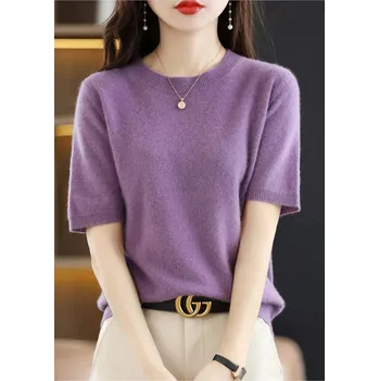 Dámský svetr Dámský vlněný svetr s 1/2 rukávem a kulatým výstřihem Barva: Fialová, Velikost: S