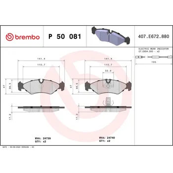 Brzdová destička Sada brzdových destiček, kotoučová brzda BREMBO P 50 081