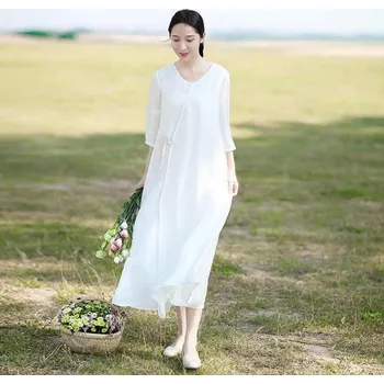 Dámské šaty Čínské šaty cheongsam（Bílé šaty na čaj a zen）