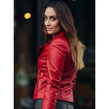 Dámský kožich Dámská kožená bunda z pravé kůže červená, VELIKOST S