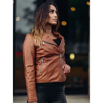 Dámský kožich Dámská kožená bunda z pravé kůže hnědá, VELIKOST L