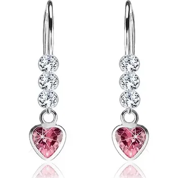 Náušnice Stříbrné náušnice 925, růžové zirkonové srdce, kulaté čiré krystaly Swarovski