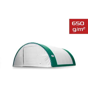 Zahradní stan Plachtová hala šířka: 9,15 m, délka: 12 m, výška: 4,5 m, PVC 650g/m2 BÍLÁ SE ZEL. LEMEM, vratový naviják Dodání za 2 až 3 měsíce: 10% SLEVA