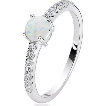 Prsten Stříbrný prsten 925 - bílý syntetický opál s odlesky, čiré zirkony - Velikost: 49