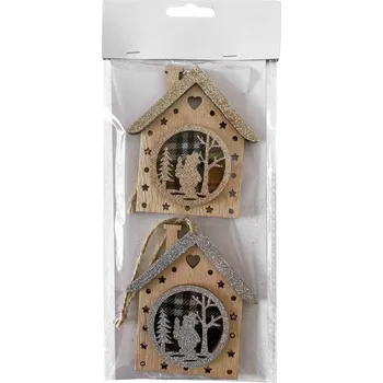 Závěs dřevo 2ks domeček s glitrem 90x100