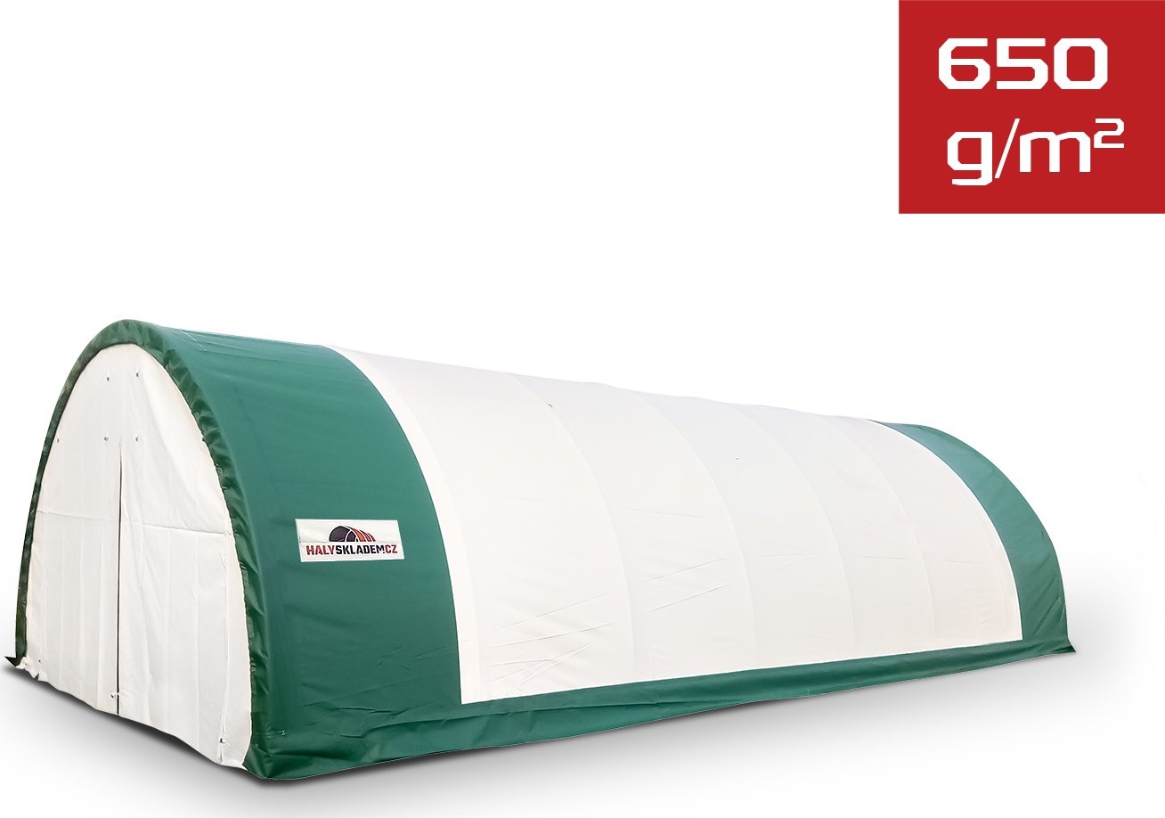 Plachtová hala šířka: 6,1 m, délka: 12,8 m, výška: 3,66 m, PVC 650g/m2, BÍLÁ SE ZEL. LEMEM Dodání za 2 až 3 měsíce: 10% SLEVA
