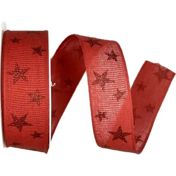 Stuha Vánoční bavlněná stuha STAR LIGHT RED 25mm x 2m (13,-Kč/m) (Vánoční stuha červená, bavlněná, jednostranný potisk, zesílené okraje)