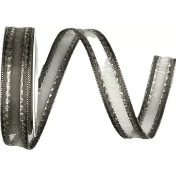 Stuha Stuha organza MONDAN BRONZE ELEGANCE platinově hnědá 15mm x 3m (6,-Kč/m) (Stuha organzová, saténové okraje, stříbrné prošívání)