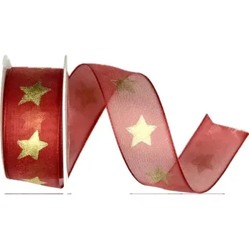 Stuha Stuha vánoční organzová GOLD STAR RED červená 25mm x 2m (10,-Kč/m) (Vánoční stuha organzová, zlatý potisk, s vetkaným vlascem)