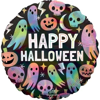 Party dekorace Foliový balonek holografický - duchové Happy Halloween - 43 cm