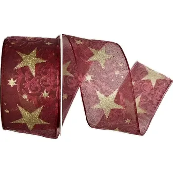 Stuha Vánoční stuha organzová ORGANDY GLITTER STAR bordó 40mm x 2m (16,- Kč/m) Premium (Vánoční stuha organzová, barva bordó, zlatý glitrový potisk, transparentní, s vlascem v lemu)