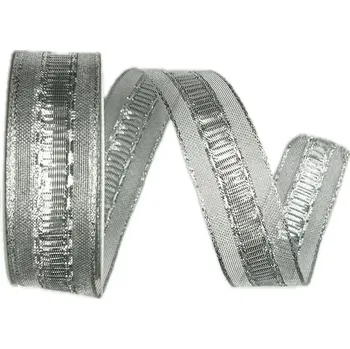 Stuha Stuha stříbrná GLITZERFEE SILVER lurexová 25mm x 2m (7,-Kč/m) (Stuha tkaná, stříbrná, okraje průsvitné, metalický efekt, s drátkem v lemu)