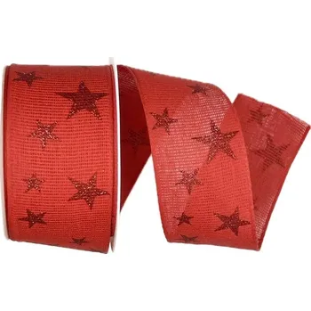 Stuha Vánoční bavlněná stuha STAR LIGHT RED 40mm x 2m (14,-Kč/m) (Vánoční stuha červená, bavlněná, jednostranný potisk, zesílené okraje)