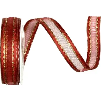 Stuha Stuha organza MONDAN RUBY RED červená 15mm x 3m (8,-Kč/m) (Stuha organzová, saténové okraje, zlaté prošívání)