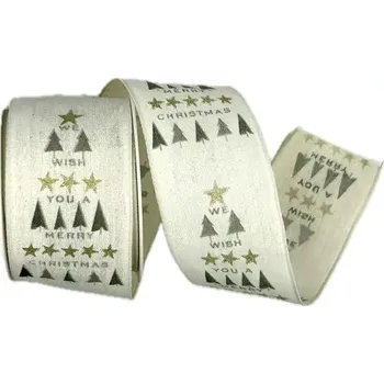 Stuha Stuha vánoční MERRY CHRISTMAS WHITE bílá 40mm x 2m (7,50Kč/m) (Bavlněná bílá stuha, jednostranný potisk, s drátkem)