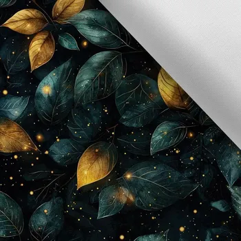 Látka s potiskem nepromokavý polyester TD/NS listí zlaté se zeleným